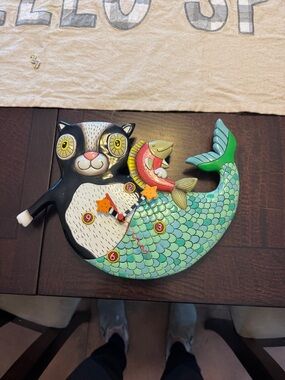Whimsical Cat-Mermaid Wall Clock - Green & Black